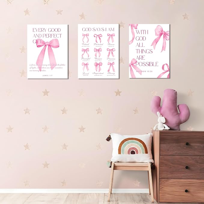 Coquette Pink Bow Wall Art Decor Canvas Posters Framed, Inspirational Bible Verses Bow Wall Decor,Room Bedroom Bathroom Decor Aesthetic for Teen Girls Gifts, 16x24 Inch Set of 3 Bow Pictures