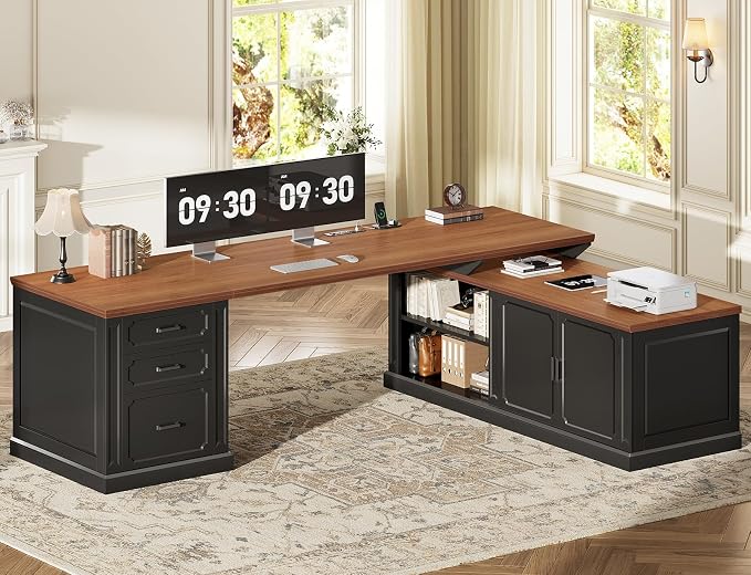 SEDETA Farmhouse L Shaped Desk with Drawers, 70.9" Home Office Desk with Storage Cabinet and Storage Shelves, L Shaped Computer Desk with Power Outlet，Black+Brown
