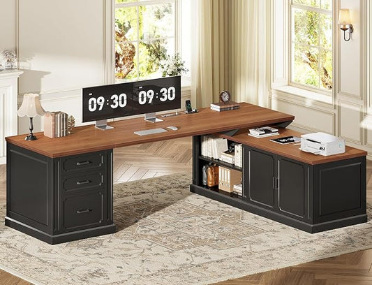 SEDETA Farmhouse L Shaped Desk with Drawers, 70.9" Home Office Desk with Storage Cabinet and Storage Shelves, L Shaped Computer Desk with Power Outlet，Black+Brown
