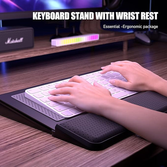 Computer Keyboard Stand with Wrist Rest & Storage Tray - Acrylic Keyboard Riser for Office Desk Accessories Decor, Ergonomic Keyboard Holder for Home Comfortable Typing - Fits All Keyboard Sizes