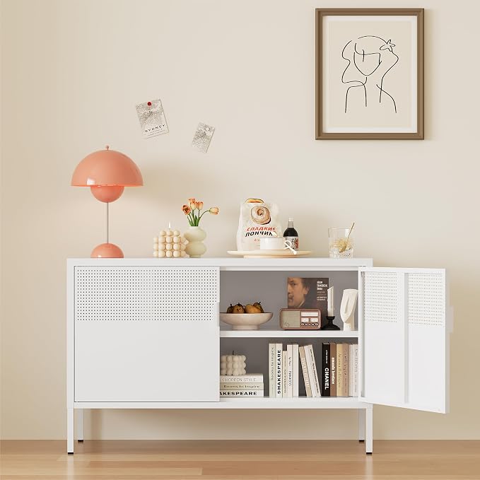 Metal Storage Cabinet,2 Door TV Stand, Metal Mesh Accent Cabinet,Magnetic Door Closure,Low Storage Cabinets with Doors and Shelf for Home,Office,Living Room