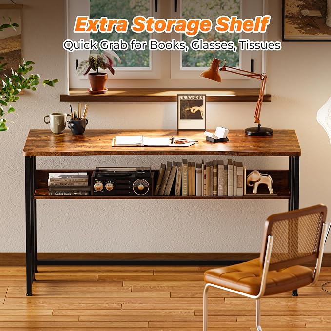 Huuger Folding Desk with Storage Shelf, 47.2 Inch Foldable Computer Table for Small Spaces, Space Saving Sofa Table for Couch, Writing Work Office Computer Desk, Easy to Fold, Rustic Brown