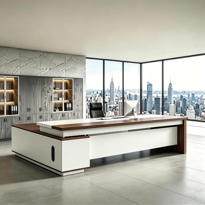 L Shaped Executive Desk with Drawers, Modern Large Wood Home Office Desk, Computer Desk with Storage for Boss Office Workstation