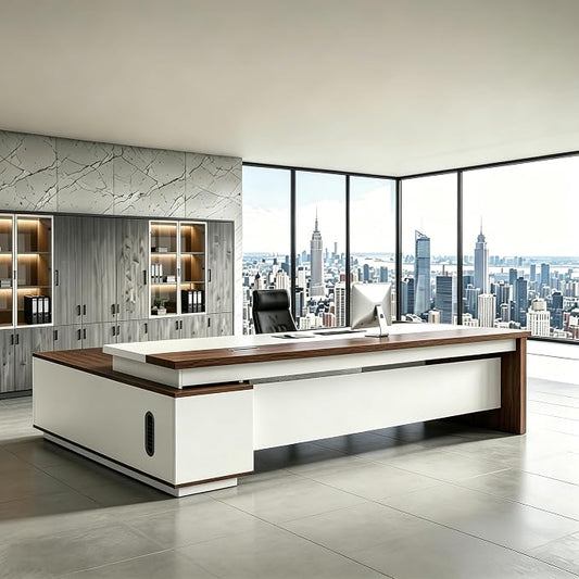 L Shaped Executive Desk with Drawers, Modern Large Wood Home Office Desk, Computer Desk with Storage for Boss Office Workstation