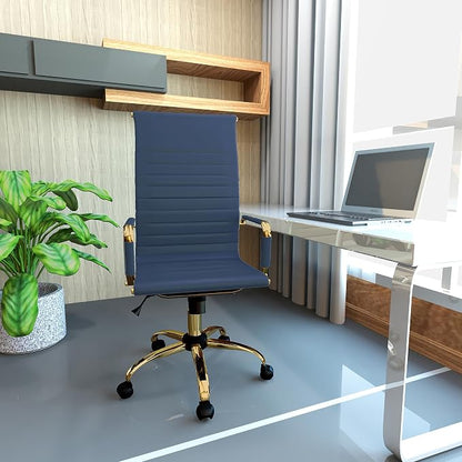 LeisureMod Harris High-Back Task Office Chair - Modern Leather Upholstery with Gold Frame, Ribbed Design 360 Degree Adjustable Swivel for Home, Office, and Study Room