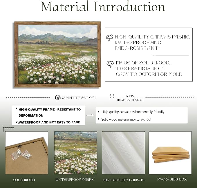 Framed Farmhouse Landscape Wall Art, Modern Country Flower Wall Decor, Vintage Wildflowers Mountain Canvas, Farm House Nature Pictures Print Artwork for Bedroom Living Room – 12x16 inch