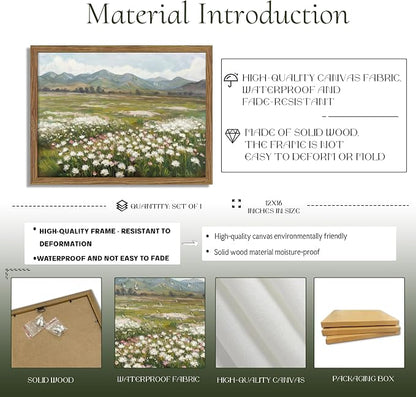 Framed Farmhouse Landscape Wall Art, Modern Country Flower Wall Decor, Vintage Wildflowers Mountain Canvas, Farm House Nature Pictures Print Artwork for Bedroom Living Room – 12x16 inch