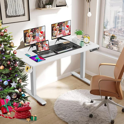 farexon Electric Standing Desk Adjustable Height, 63 x 24In with Power Outlets and USB Ports, Stand up Desk with 39x18in Mouse Pad, Dual Beam Structure, 4 Wheels,4 Memory Heights Easy to Set(White)
