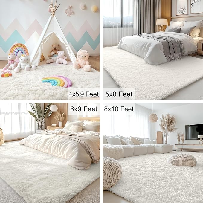 OLANLY 4x9 Area Rugs for Living Room Bedroom, Machine Washable Soft Fluffy Shaggy Bedside Rug, Indoor Floor Carpet for Kids Girls and Boys, Dorms, Nursery Rooms, Home Decor Aesthetic, Ivory