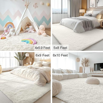OLANLY 8x8 Machine Washable Large Area Rugs for Living Room, Bedroom, Soft Fluffy Shaggy Bedside Rug, Indoor Floor Carpet for Kids Girls and Boys, Dorms, Nursery, Home Decor Aesthetic, Ivory
