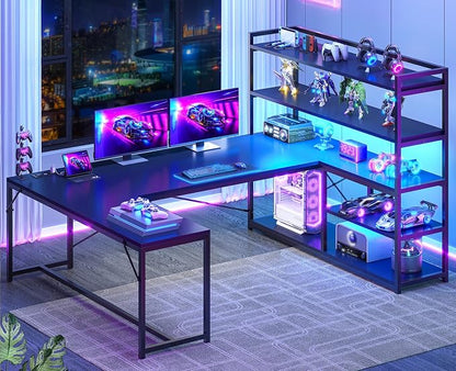 SEDETA L Shaped Gaming Desk, 63'' Reversible Computer Desk with Power Outlet and Storage Shelves, Corner Gaming Desk with LED Lights, Bookshelf for Home Office, Black