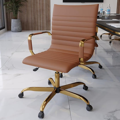LeisureMod Harris Modern Ergonomic Executive Office Chair, High-Back Leather Conference Desk Chair with Adjustable Height, Tilt Control, 360° Swivel & Gold Frame for Home Office