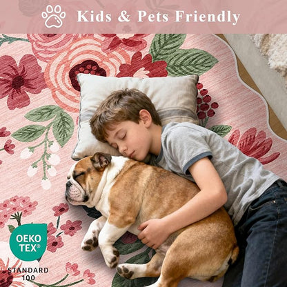 DUKINO 2x8 Washable Runner Rug, Lightweight Soft Floral Hallway Rug Runner with Low Pile Design, Non Shedding & Non Slip Backing Thin Indoor Carpet for Bedroom, Bathroom, Entrance, Kitchen, Pink