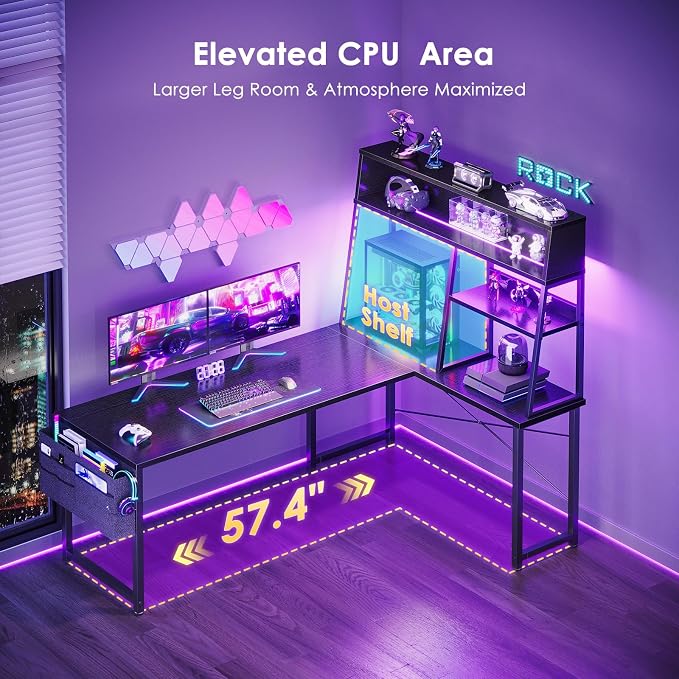 AODK L Shaped Gaming Desk with Led Lights, 59 Inch Reversible Gaming Computer Desk with Display Shelves, PC Gamer Desk Gamer Table with Storage Bag, L Desk for Game, Black