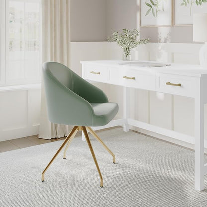 Martha Stewart Sora Stationary Swivel Task Chair with Sloped Arms for Home Office in Sage Faux Leather with Polished Brass Frame