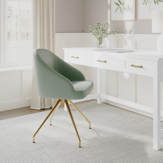 Martha Stewart Sora Stationary Swivel Task Chair with Sloped Arms for Home Office in Sage Faux Leather with Polished Brass Frame