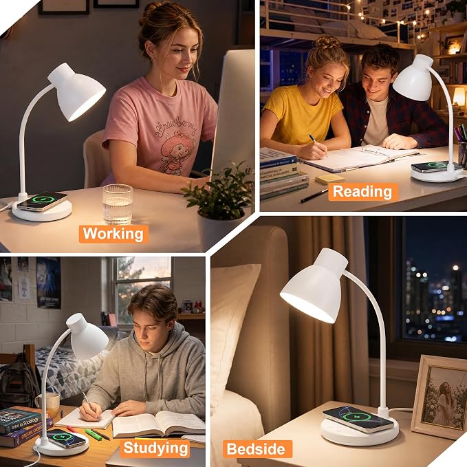 Desk Lamp for Home Office - LED Desk Lamp with Wireless Charger, 3 Color Modes Dimmable Eye-Caring Study Reading Desk Light, Small Flexible Arm Table Lamp for College Dorm Room Bedside, White