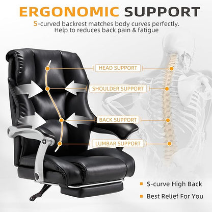 HOMREST Big and Tall Heavy Duty Office Chair 550LBS, Ergonomic Leather Executive Chair with 155° Recline, Large Back Pocket &Footrest, Computer Desk Chair for Heavy People, Black