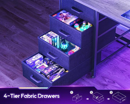 AODK L Shaped Gaming Desk with Hutch, 59" Computer Desk with 4 Drawers & Storage Shelves, Reversible Corner Desk with LED Light & Power Outlets, Gamer Table for for Home Office, Gray Oak