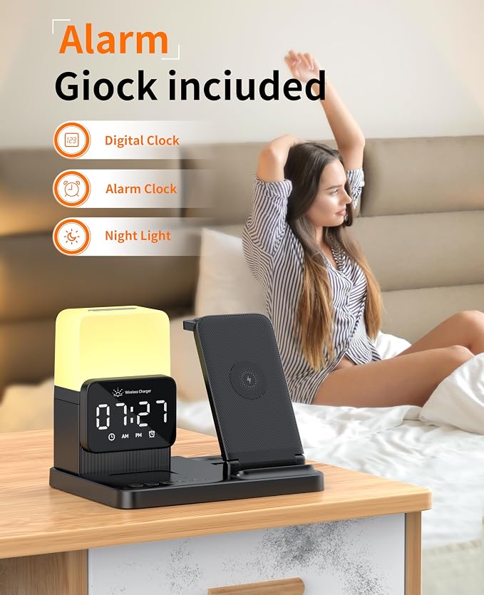 6-in-1 Wireless Charging Station,Charger Stand for Apple Devices,for iPhone 17-12 Pro Max Watch Airpods,Wireless Charger iPhone Charging Station with Night Light/Alarm Clock Gifts for Fathers Day