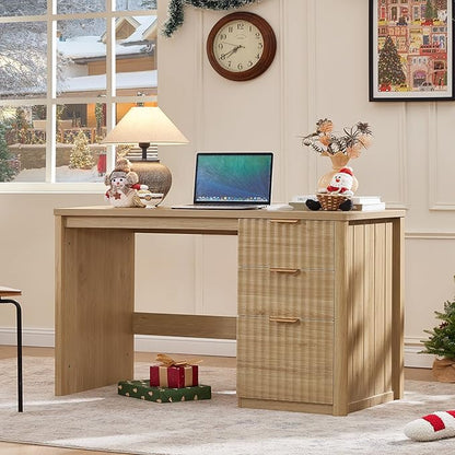LEYAOYAO Office Desk 48" with 3 Drawers Storage File Cabinet Wood Fluted Desk for Computer Office Bedroom Home Furniture Natural