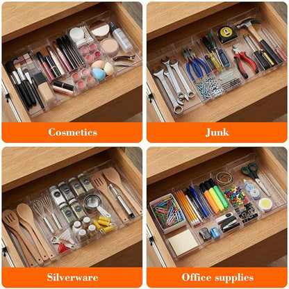 Briwooody 2 Pcs Large Expandable Acrylic Drawer Organizers, Grid Adjustable Drawer, Dividers Organizer for Desk, Makeup, Jewelry, Office, Kitchen Supplies (Transparent,11 Compartments)