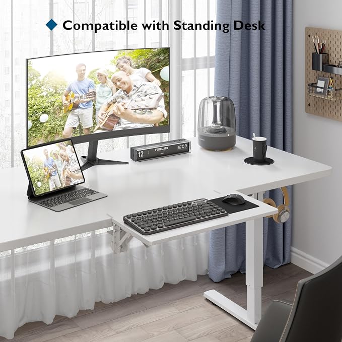 BONTEC Small Ergonomics Desk Extender Tray, 20x9.5 Inch Table Mount Arm Rest Shelf, 90° Foldable Keyboard Tray Platform, Clamp on Computer Arm Rest for Desk, Suitable for Office Desks, White