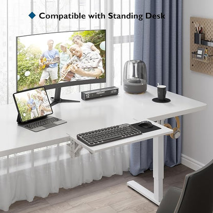 BONTEC Small Ergonomics Desk Extender Tray, 20x9.5 Inch Table Mount Arm Rest Shelf, 90° Foldable Keyboard Tray Platform, Clamp on Computer Arm Rest for Desk, Suitable for Office Desks, White