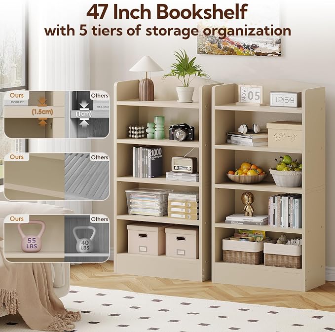 ALISENED 5-Tier Bookcase, Open Bookshelves and Bookcases with Storage Shelves, Floor Standing Unit, Display Storage Shelves for Bedroom Library Living Room Home Office, Khaki