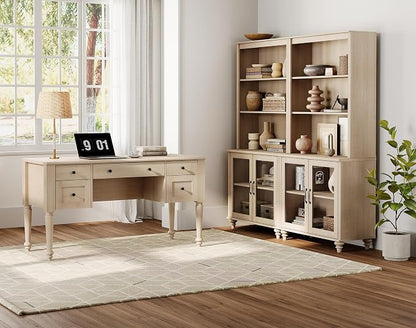 WAMPAT Home Office Furniture Set, 56'' Executive Desk with Charging Station, 72" Tall Bookcase with 4 Glass Doors, Wood Computer Desk with File Cabinet Storage, Open Shelf, Light Oak