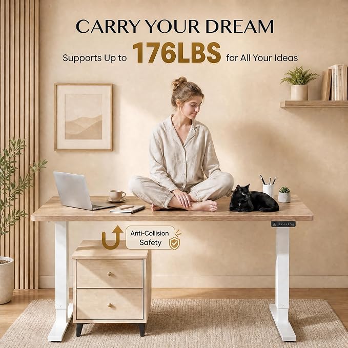 Grandder 63x32 Large Electric Standing Desk, Height Adjustable Computer Desk with 2 Memory Presets, 31.5" Deep Desktop Sit Stand Desk Home Office Desk Workstation Table with Hooks, Light Walnut