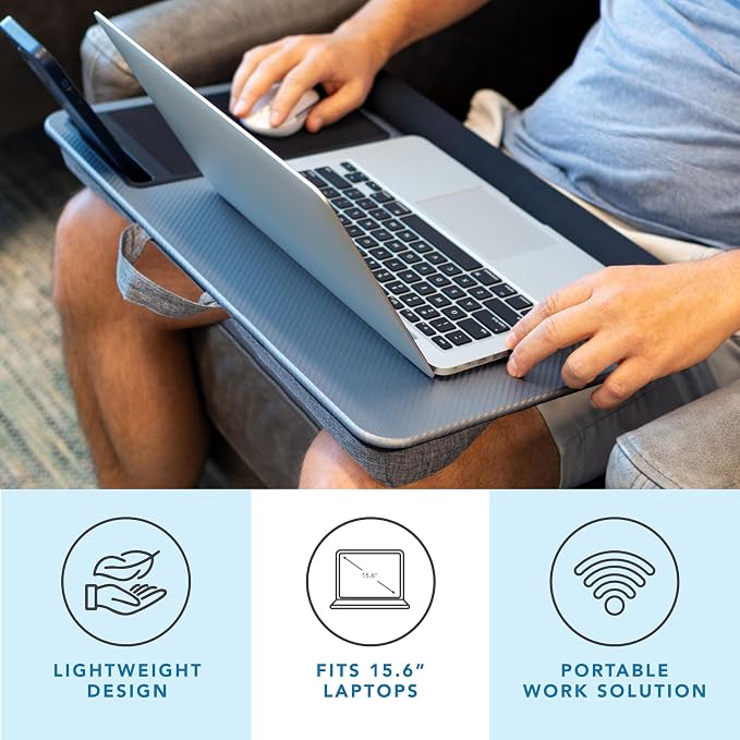 LAPGEAR Home Office Pro Lap Desk with Wrist Rest, Mouse Pad, and Phone Holder - Silver Carbon - Fits up to 15.6 Inch Laptops - Style No. 91615