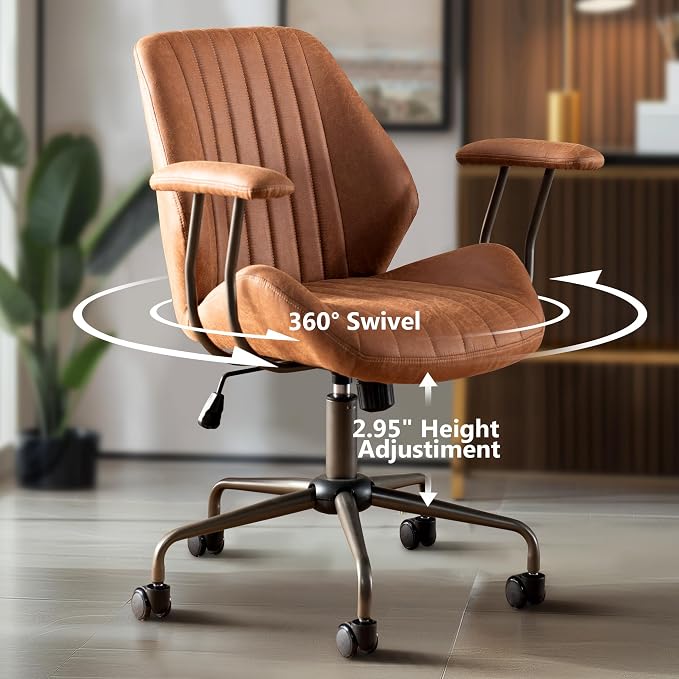 Mid Century Modren Office Chair - Fuax Leather Suede Brown Executive Chairs Ergonomic Mid Back with Lumbar Support, Swivel Computer Desk Task Chair with Wheels for Home Office (Brown, Mid Back)