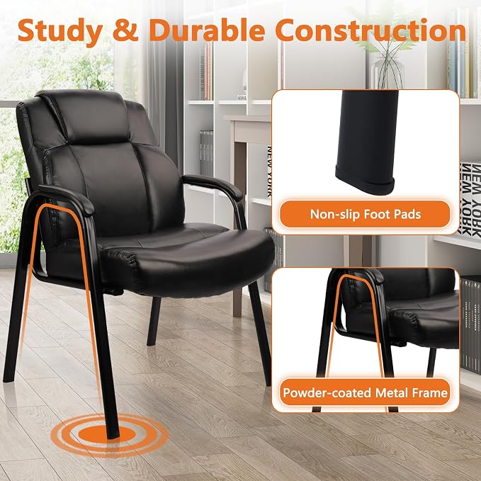 CLATINA Big Tall 500 LBS Wide Guest Chair Heavy Duty, Leather Side Reception Chairs with Padded Armrest No Wheels, Executive Office Desk Chair for Meeting Conference Waiting Room Home, Black 6 Pack