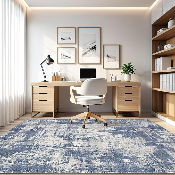 7x9 Area Rug Living Room: Washable Large Abstract Modern Soft Rug Stain Resistant Indoor Floor Non Slip Accent Carpet for Bedroom Nursery Playroom Dining Room Office Dorm Home House- Navy Grey