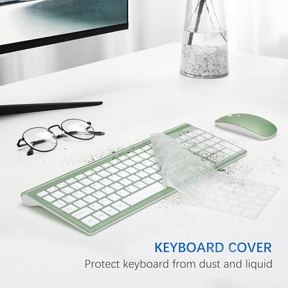 Wireless Keyboard and Mouse Ultra Slim Combo, TopMate 2.4G Silent Compact USB 2400DPI Mouse and Scissor Switch Keyboard Set with Cover, Batteries Included, for PC/Laptop/Windows/Mac - Green White