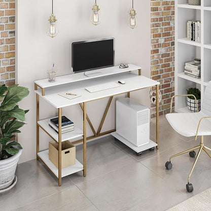 Techni Mobili Computer Desk - Industrial Writing Desk with Storage Shelves, Monitor Stand, & Accessory Holder - Home Office Laptop Computer Table with CPU Caddy & 2-Tier Small Bookshelf Space