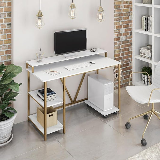 Techni Mobili Computer Desk - Industrial Writing Desk with Storage Shelves, Monitor Stand, & Accessory Holder - Home Office Laptop Computer Table with CPU Caddy & 2-Tier Small Bookshelf Space
