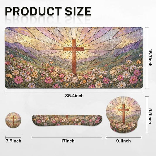 Britimes Cross Religious Wildflower Keyboard Mouse Pad Set Colorful Floral 4in1 Large Mousepad+Keyboard Wrist Rest+Mouse Wrist Rest+Coaster Ergonomic Design for Home Office Computer 35.4x15.7 inches