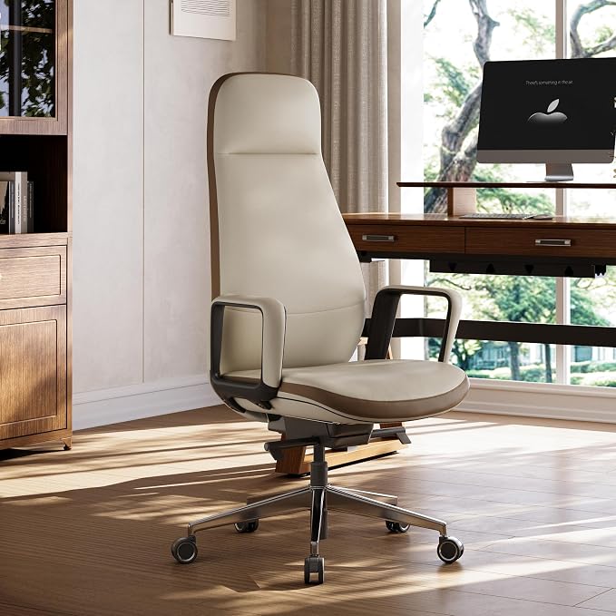 EUREKA ERGONOMIC Alto Leather Desk Chair, Silicone Leather Office Chair with Wheels, High Back Office Chair, Executive Office Chair Comfy for Home & Office, Off-White