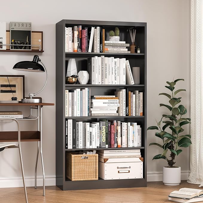 OSEILLC Bookcase,5 Tier Black Bookshelves,55" Tall Free Standing Metal Bookcase with Adjustable Storage Shelves, Wide Bookshelf for Bedroom Living Room Home Office School (Black)