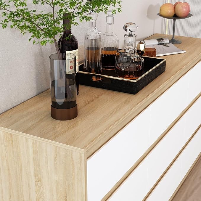 63” Dresser Chest of Drawers 9 Drawer Dresser, Modern 9 Drawer Chest for Living Room Bedroom, No Handle Design, White and Oak 15.7”D x 63”W x 31.5”H