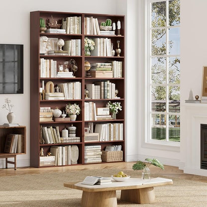 FACBOTALL 82" Tall Bookshelf Set of 2, 7-Tier Double Open Shelves Bookcase,Freestanding Display Storage Shelves, Tall Bookcase Home Decor Furniture for Home Office,Living Room,Bedroom, Cherry