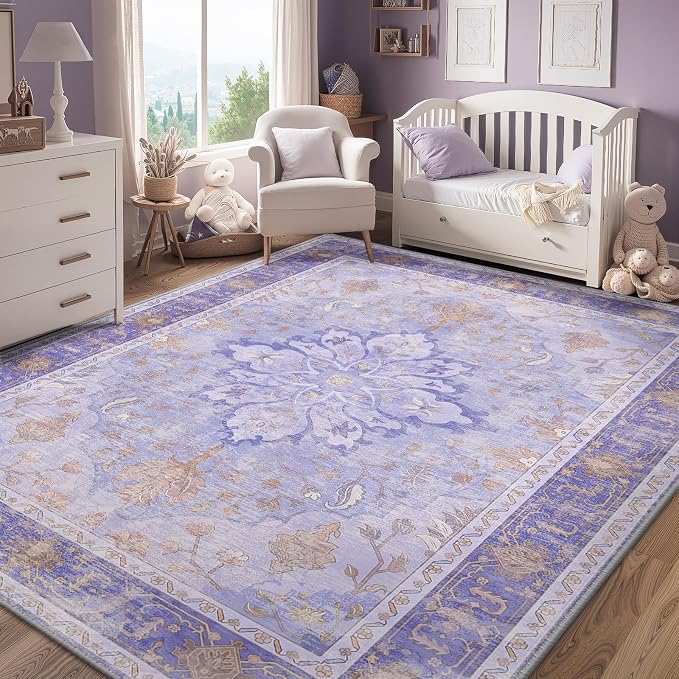 RELEANY Area Rugs 5'x8' Washable Non-Slip, Floral Vintage Distress Medallion Carpet for Living Room Bedroom Dining Room, Light Purple Brown