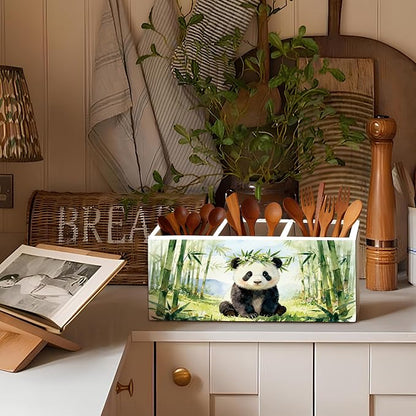 Panda Pen Pencil Holder for Desk Accessories, Cute Panda Gifts for Women & Kids, Wild Animal Wooden Box Sign Decorations for Kids Room Home Office Desk Tabletop