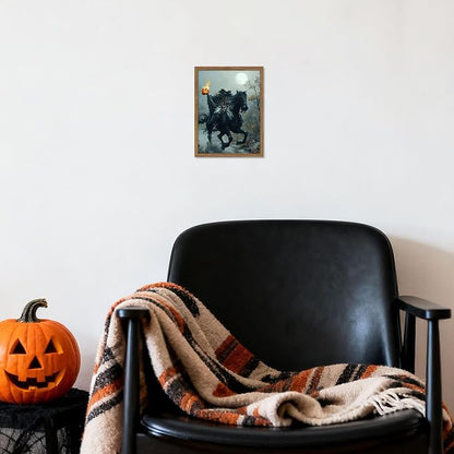 Vintage Framed Halloween Wall Art, Gothic Headless Horseman Pumpkin Picture Poster, Spooky Fall Forest Canvas Prints, Dark Academia Halloween Wall Decor for Living Room Bedroom 8x10 inch