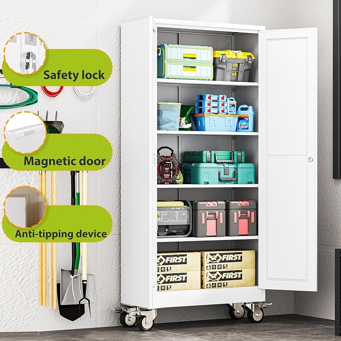 Metal Garage Storage Cabinet with Wheels, 70.9" H x 29.9" W x 15" D, Lockable Rolling Steel Tool Cabinet with Adjustable Shelves, Heavy Duty Garage Cabinet for Workshop, Basement, Home, White