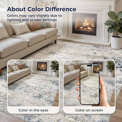 Area Rug Living Room Rugs - 5x7 Abstract Large Soft Indoor Washable Rug Neutral Modern Low Pile Carpet for Bedroom Dining Room Farmhouse Home Office - Beige Blue