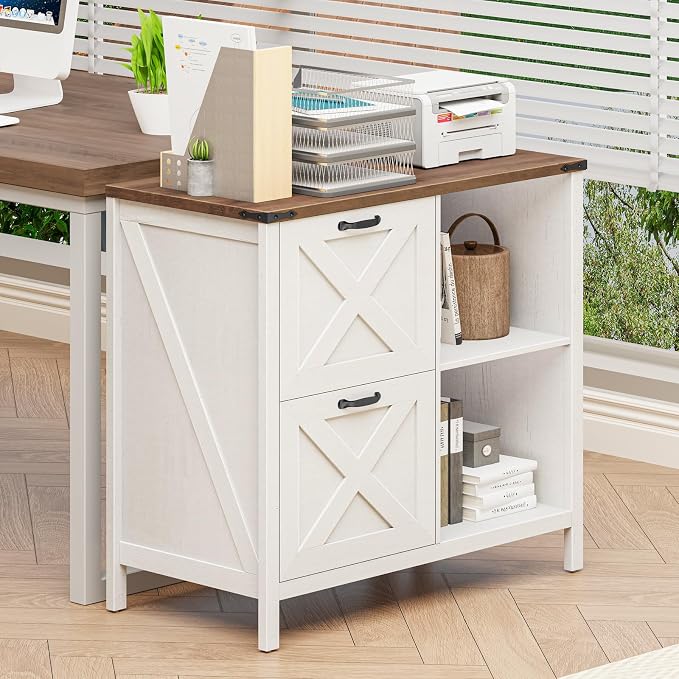 Halitaa 2 Drawer File Cabinet, Farmhouse Lateral Filing Cabinet Fits Files Letter or A4 Size, Wooden Printer Stand with Open Storage Adjustable Shelf for Home Office, Rustic White