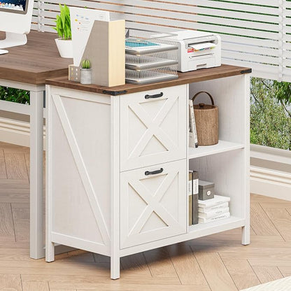 Halitaa 2 Drawer File Cabinet, Farmhouse Lateral Filing Cabinet Fits Files Letter or A4 Size, Wooden Printer Stand with Open Storage Adjustable Shelf for Home Office, Rustic White